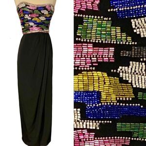 Incredible True Vintage 1960’s Rainbow Beaded Bust Ruched Side Slit Evening Gown